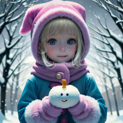 a little girl holding a snowball in the snow with trees in the background and a snowman in the foreground