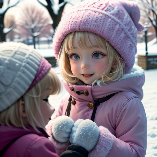 two little girls standing in the snow wearing winter clothing and hats with mittens on their hands and one of them is touching the other