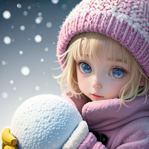 a little girl in a pink coat and hat holding a snowball in the snow with snow falling on the ground