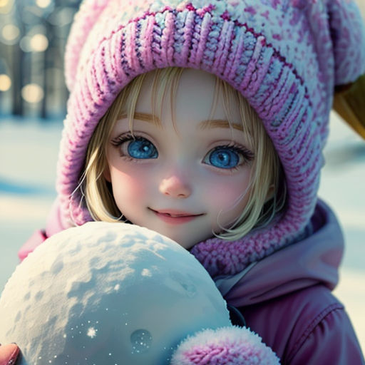 a little girl in a pink coat and a white ball in her hand and a pink hat and scarf