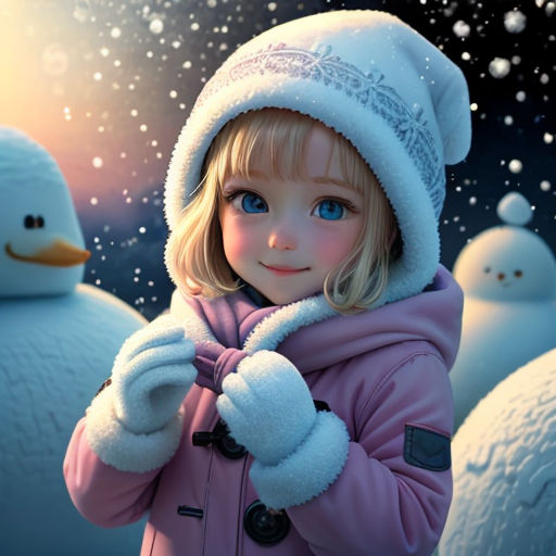 a little girl standing in front of a group of snowmen wearing winter clothing and hats with a snowman in the background