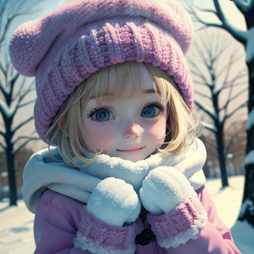 a doll wearing a pink coat and hat in the snow with a scarf around her neck and mittens