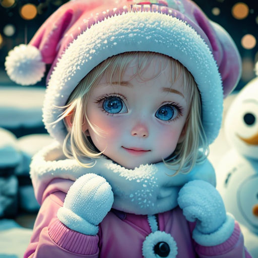 a little girl wearing a winter hat and scarf with a snowman behind her and a snowman behind her