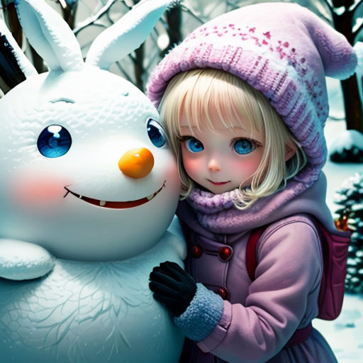 a little girl hugging a snowman in the snow with a snowman behind her and a snowman behind her
