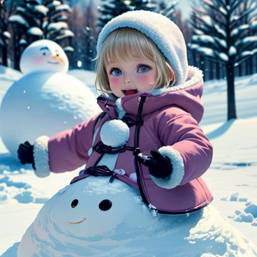 a little girl is playing with a snowman in the snow with a snowman behind her and a snowman behind her