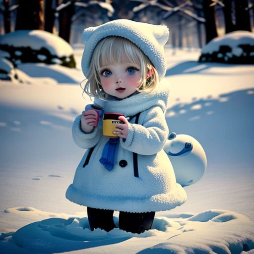 a little girl in a white coat and hat holding a cup in the snow with a bear on it