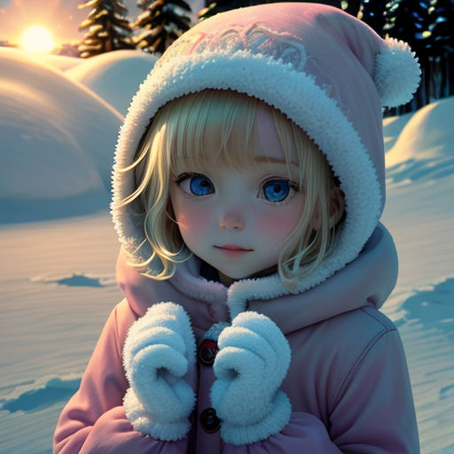 a little girl in a pink coat and a hat in the snow with a sun in the background and trees