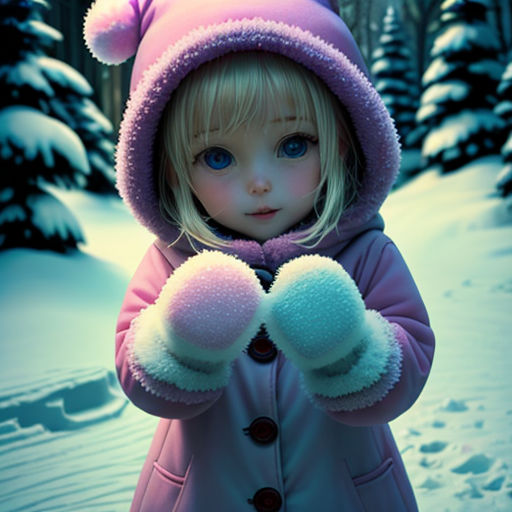 a little girl in a pink coat and hat standing in the snow with her hands together and looking at the camera