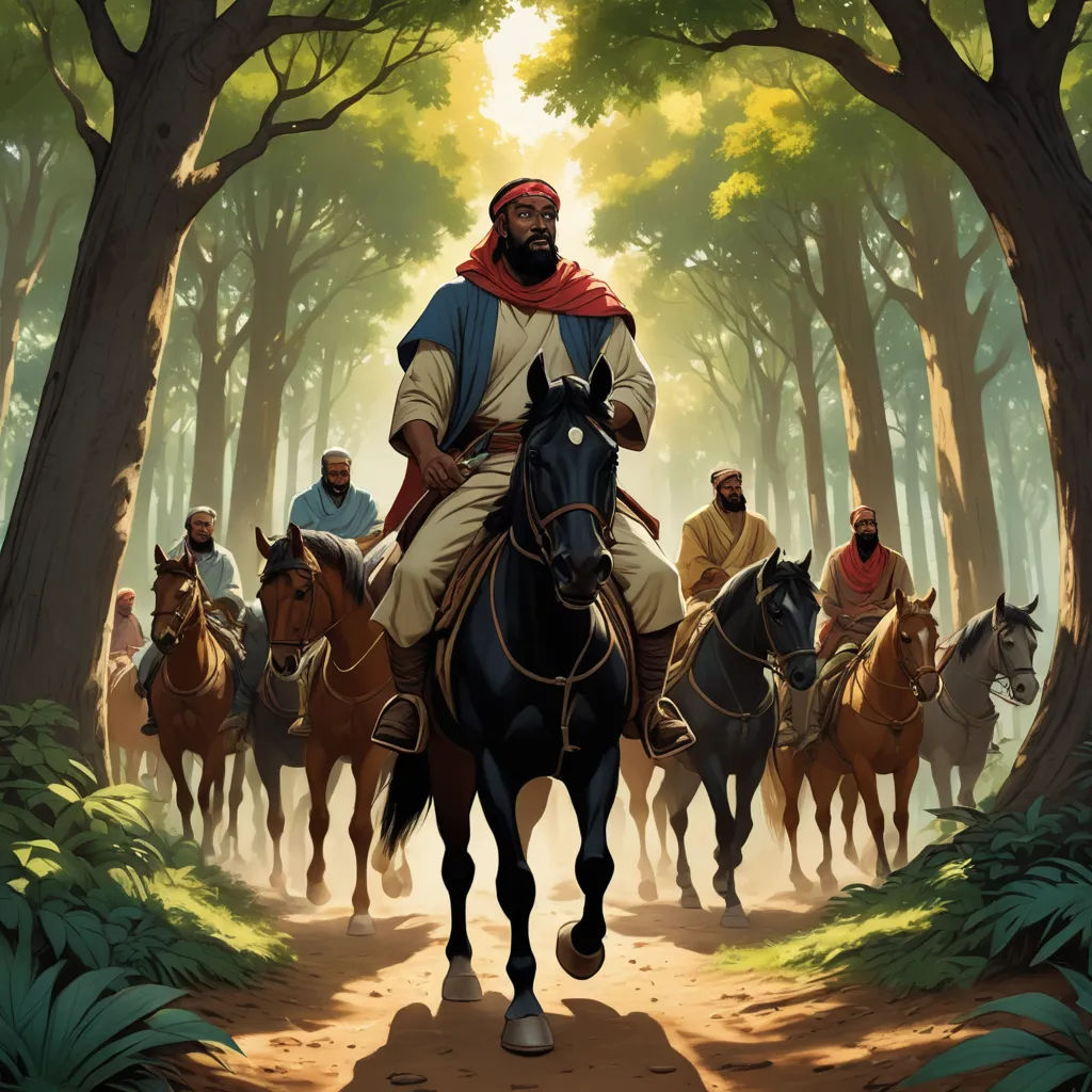 a painting of a man riding a horse in the woods with other men on horseback behind him and on the other side of the path, afrofuturism, a storybook illustration, Asaf Hanuka, western comic book art
