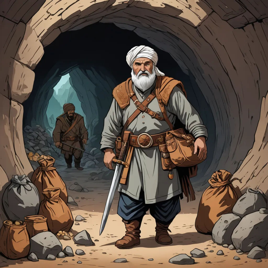 a man with a sword and a bag of bags in a cave with two men in the background and a cave entrance, fantasy art, a storybook illustration, Amir Zand, fantasy illustration