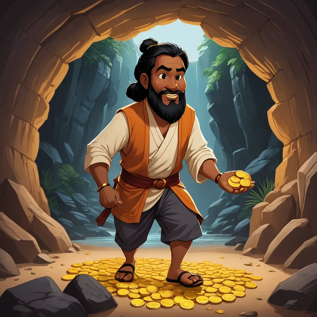 a cartoon character is standing in a cave with gold coins in his hand and a beard and a beard, hurufiyya, a character portrait, Cliff Childs, 2 d game art