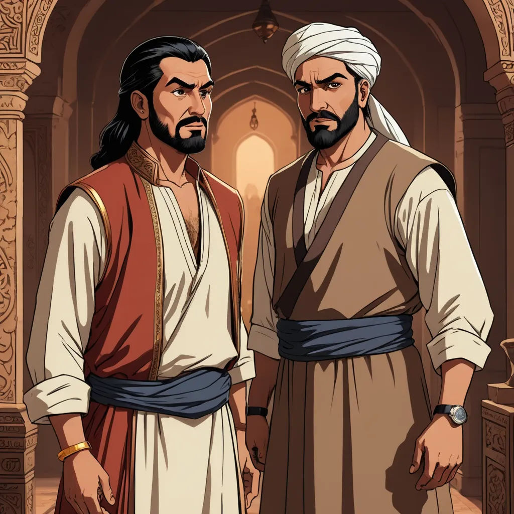 two men standing next to each other in a room with a doorway and a doorway way behind them, one of them wearing a white headband, hurufiyya, a comic book panel, Altoon Sultan, official art