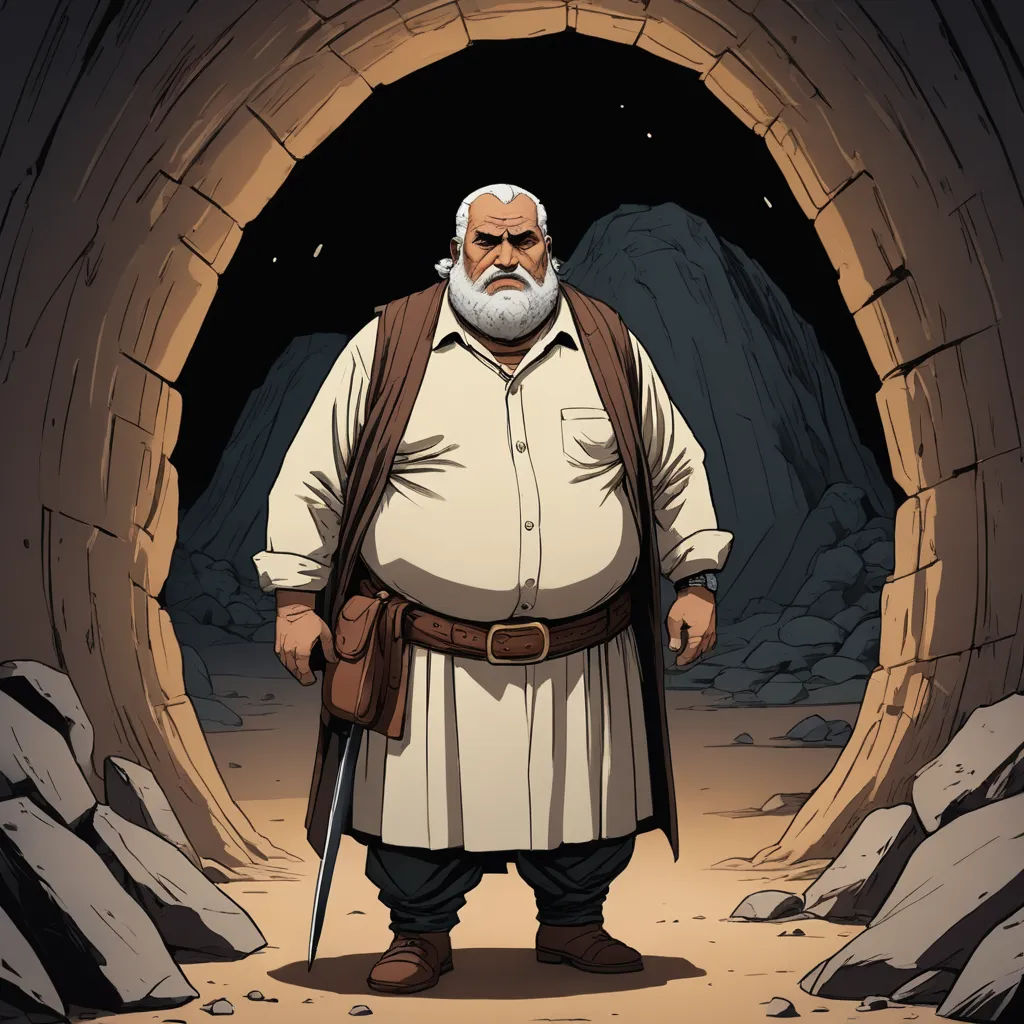a man with a beard and a beard in a cave with a cane and a backpack on his shoulder, hurufiyya, a character portrait, Asaf Hanuka, epic fantasy character art