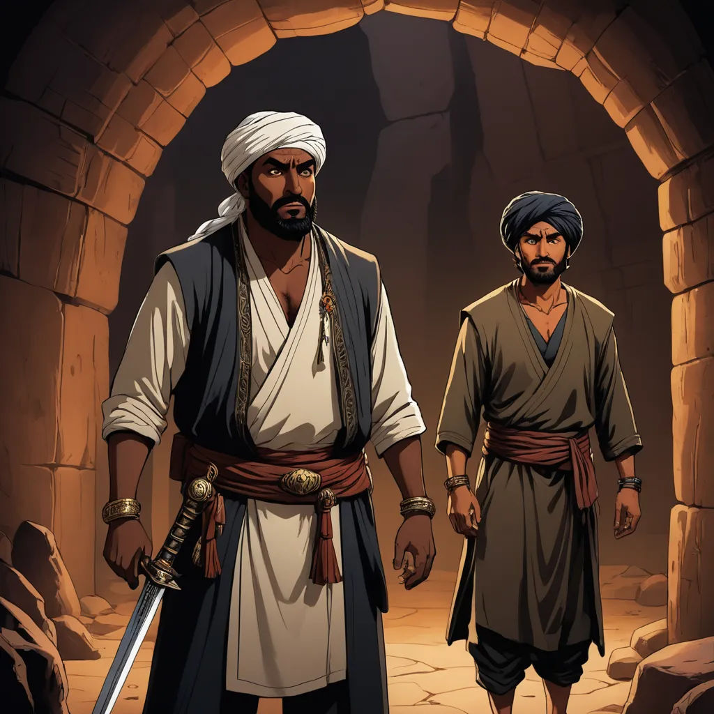 a man in a turban and a man in a turban stand in a cave with a sword, hurufiyya, a storybook illustration, Altoon Sultan, graphic novel