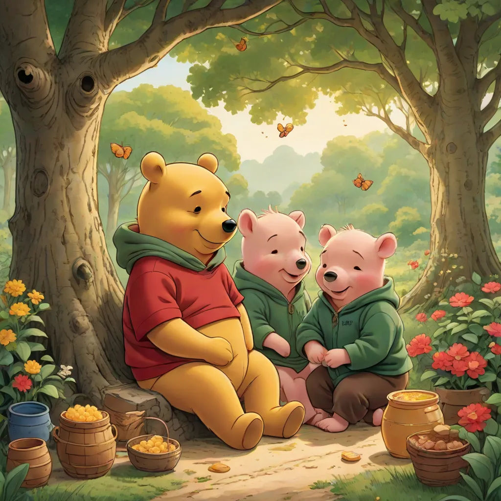 a painting of winnie the pooh and her babies in the woods with honey pots and flowers around them, synthetism, a storybook illustration, disney, official art