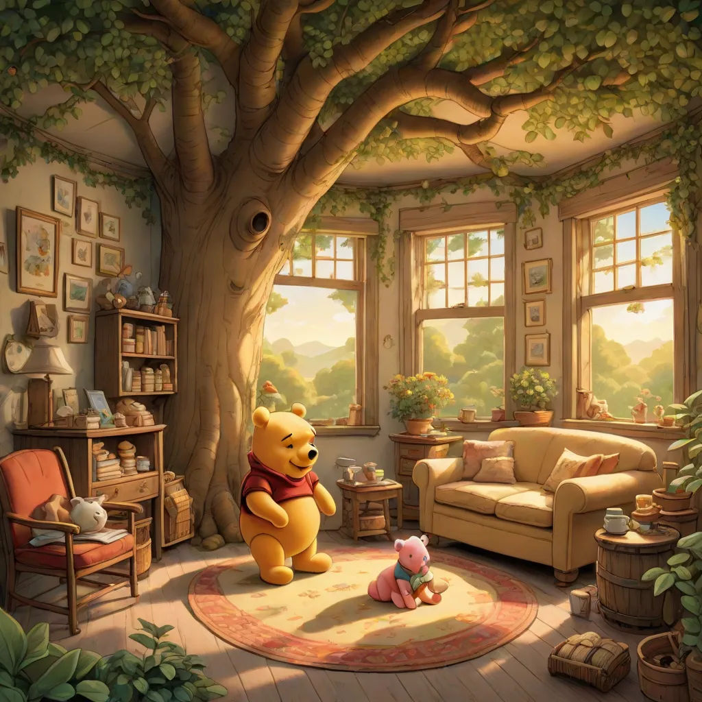 a winnie the pooh bear sitting in a living room with a pig toy in front of a tree, fantasy art, a storybook illustration, Chris LaBrooy, storybook illustration