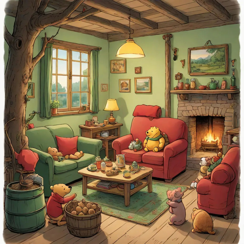 a living room with a fire place and a teddy bear sitting on a couch in front of a fire place, magic realism, a storybook illustration, Beatrix Potter, storybook illustration