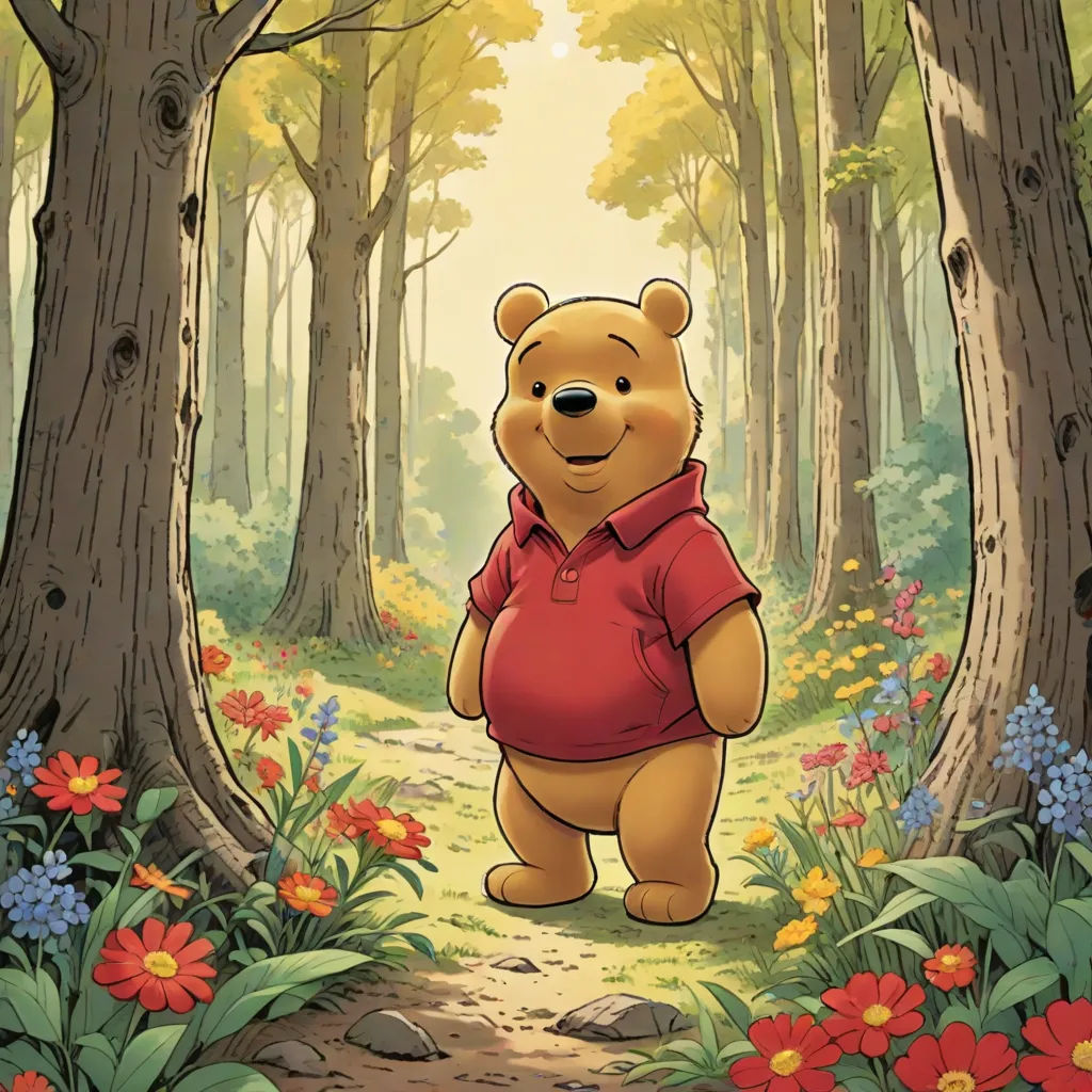 a cartoon winnie the pooh standing in a forest with flowers and trees around him, with a bear in the background, synthetism, a character portrait, Chip Zdarsky, official art