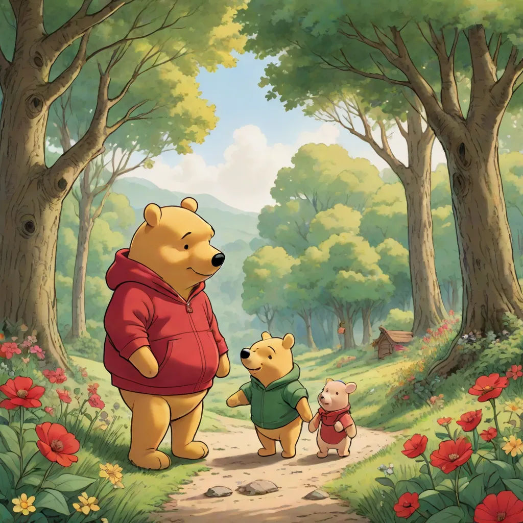 a cartoon winnie the pooh and her pooh friends are walking through the woods together, with a bear and pig, furry art, a storybook illustration, disney, official art