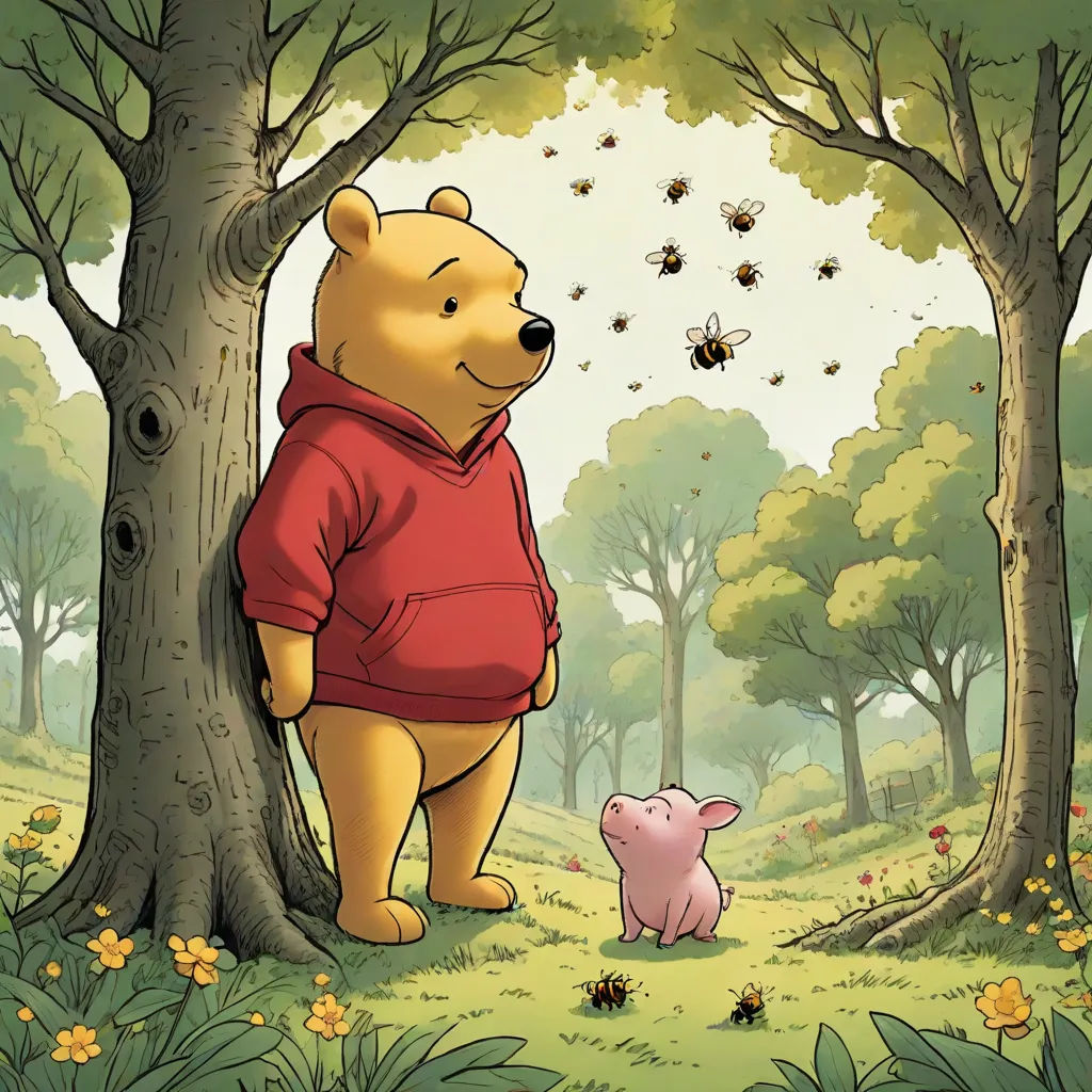 a cartoon winnie the pooh and piggy in the woods with bees flying around them and a honeybee, pop surrealism, a storybook illustration, disney, official art