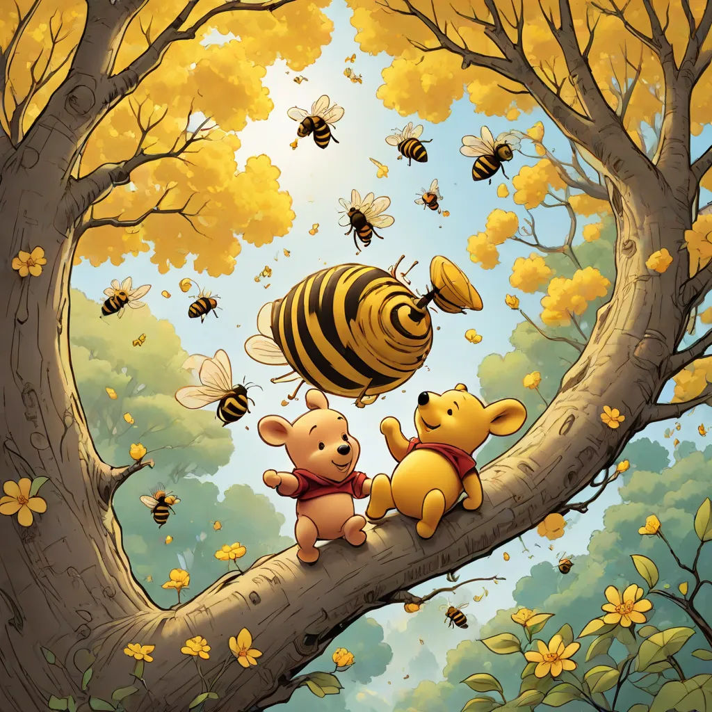 a couple of winnie the pooh bears sitting on a tree branch with a honeybee and a bee, fantasy art, a storybook illustration, Brian Despain, storybook illustration