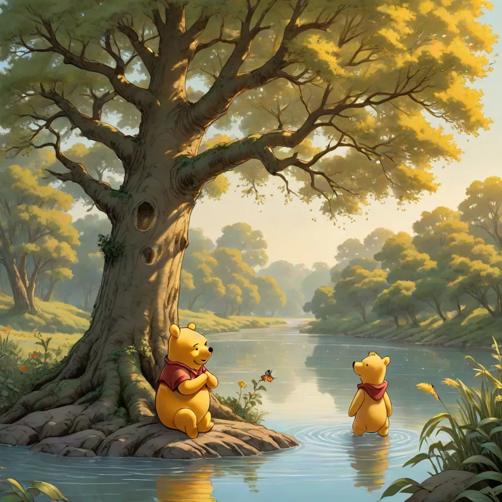 a painting of winnie the pooh and piglet by a river with a tree in the background and a bird in the foreground, fantasy art, a fine art painting, Brothers Hildebrandt, official art