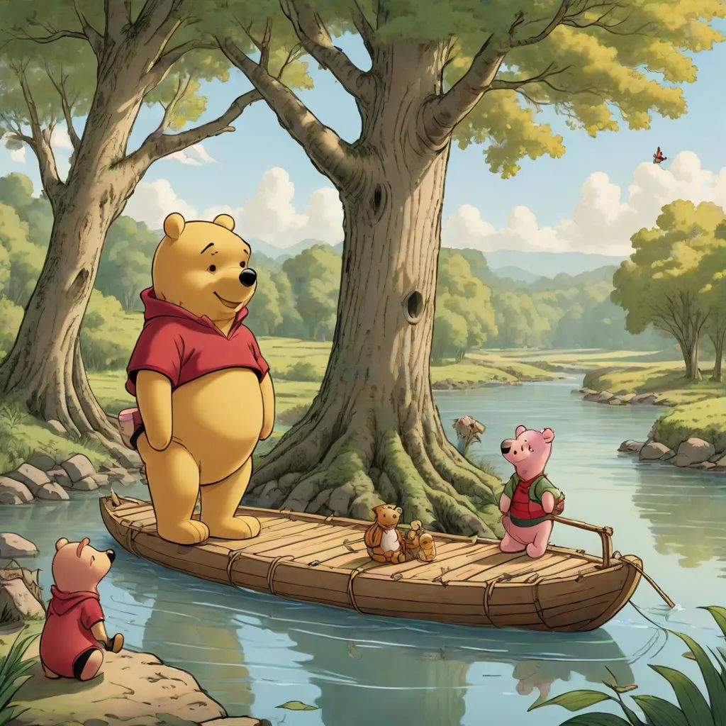 a cartoon of winnie the pooh and piglet on a raft in a river with a pig and pig, synthetism, a storybook illustration, disney, official art