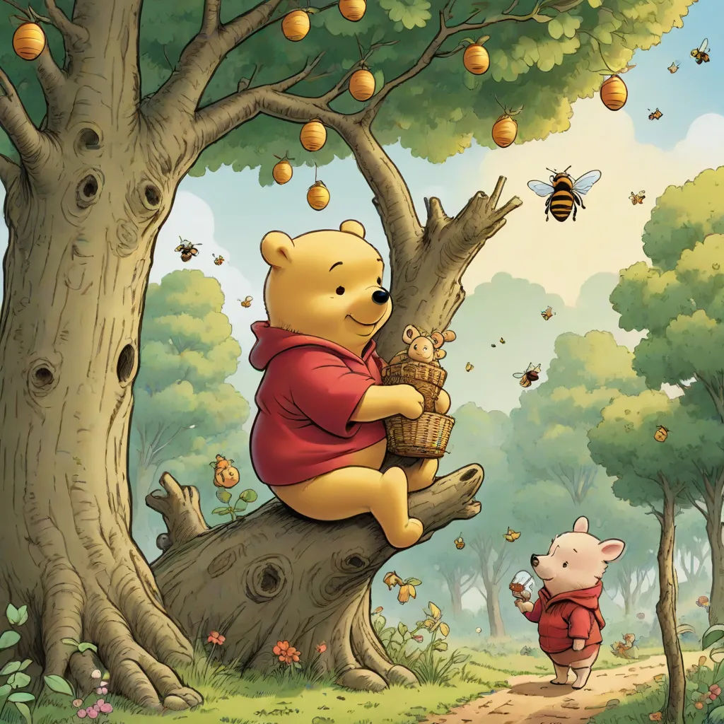 a winnie the pooh bear sitting on a tree with a honey pot and a pig in the background, furry art, a storybook illustration, Beatrix Potter, storybook illustration
