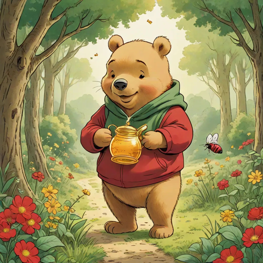 a cartoon bear holding a pot in a forest with a bee flying by it's side and a honey jar in its hand, furry art, a storybook illustration, Chip Zdarsky, official art