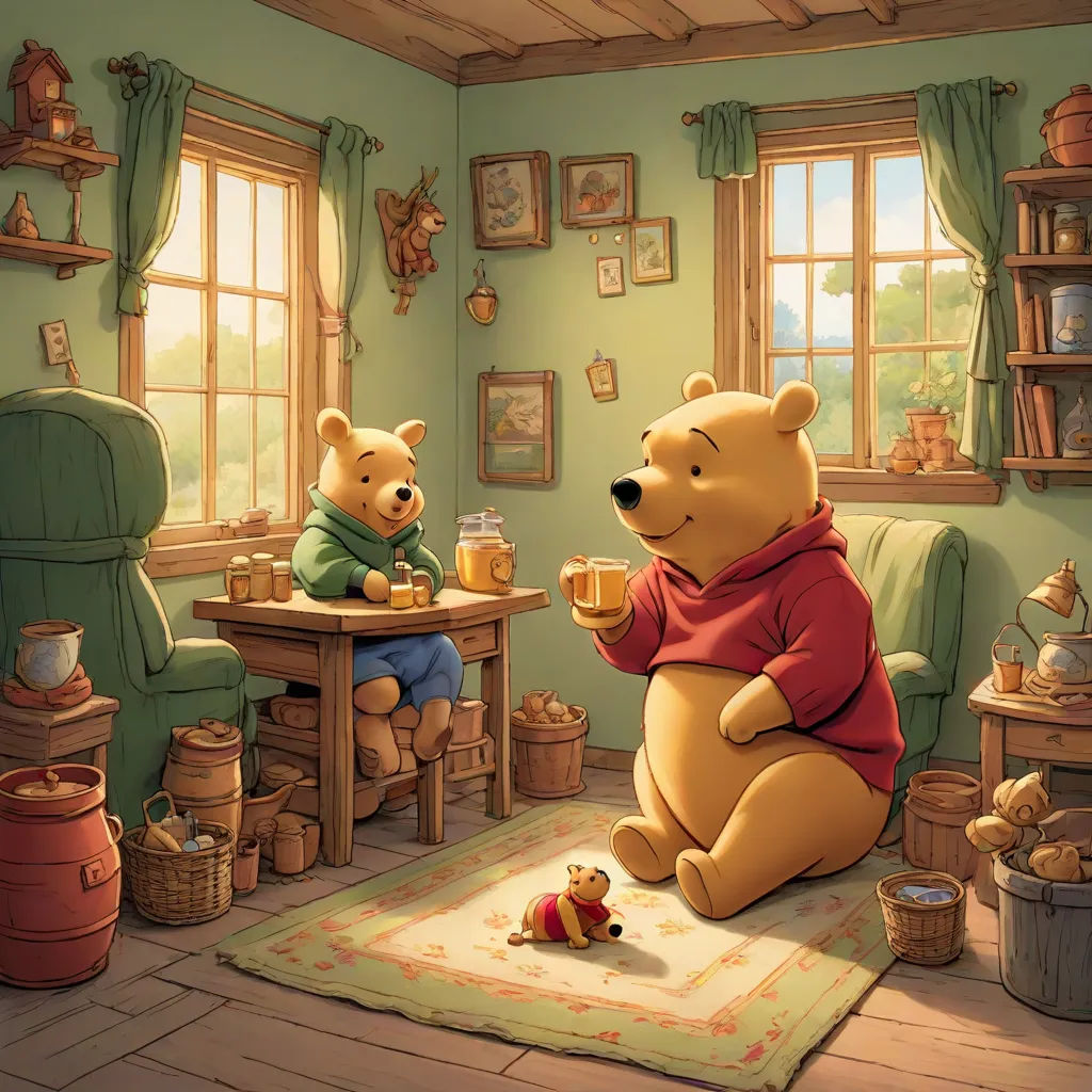 a cartoon bear sitting at a table with a mug of beer in his hand and another bear sitting at a table with a mug in his hand, furry art, a storybook illustration, disney, storybook illustration