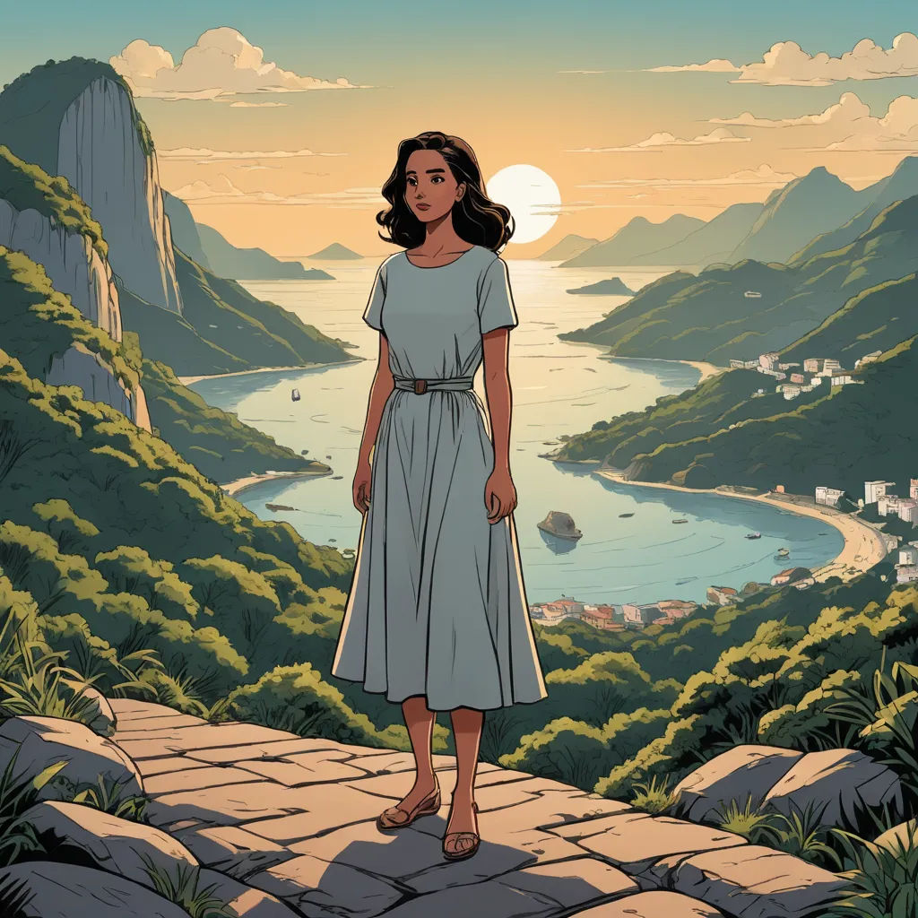 a woman standing on a stone walkway in front of a mountain and a lake with a sunset in the background, private press, a comic book panel, Colin Middleton, comic cover art