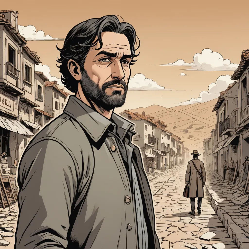 a man standing on a street next to a building and a man with a beard in a blue shirt, serial art, a character portrait, Diego Gisbert Llorens, western comic book art