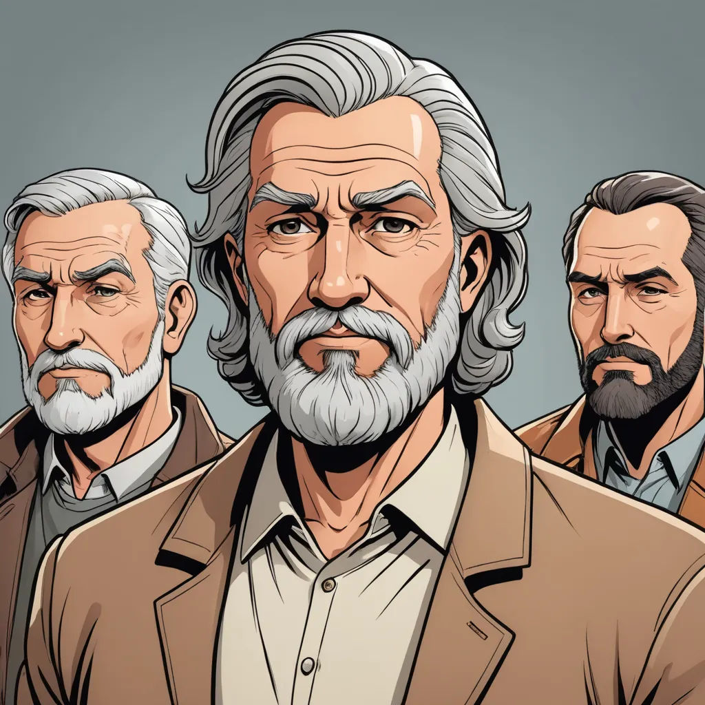 a group of men with beards and beards standing next to each other in front of a blue background, serial art, a character portrait, Clark Voorhees, official art