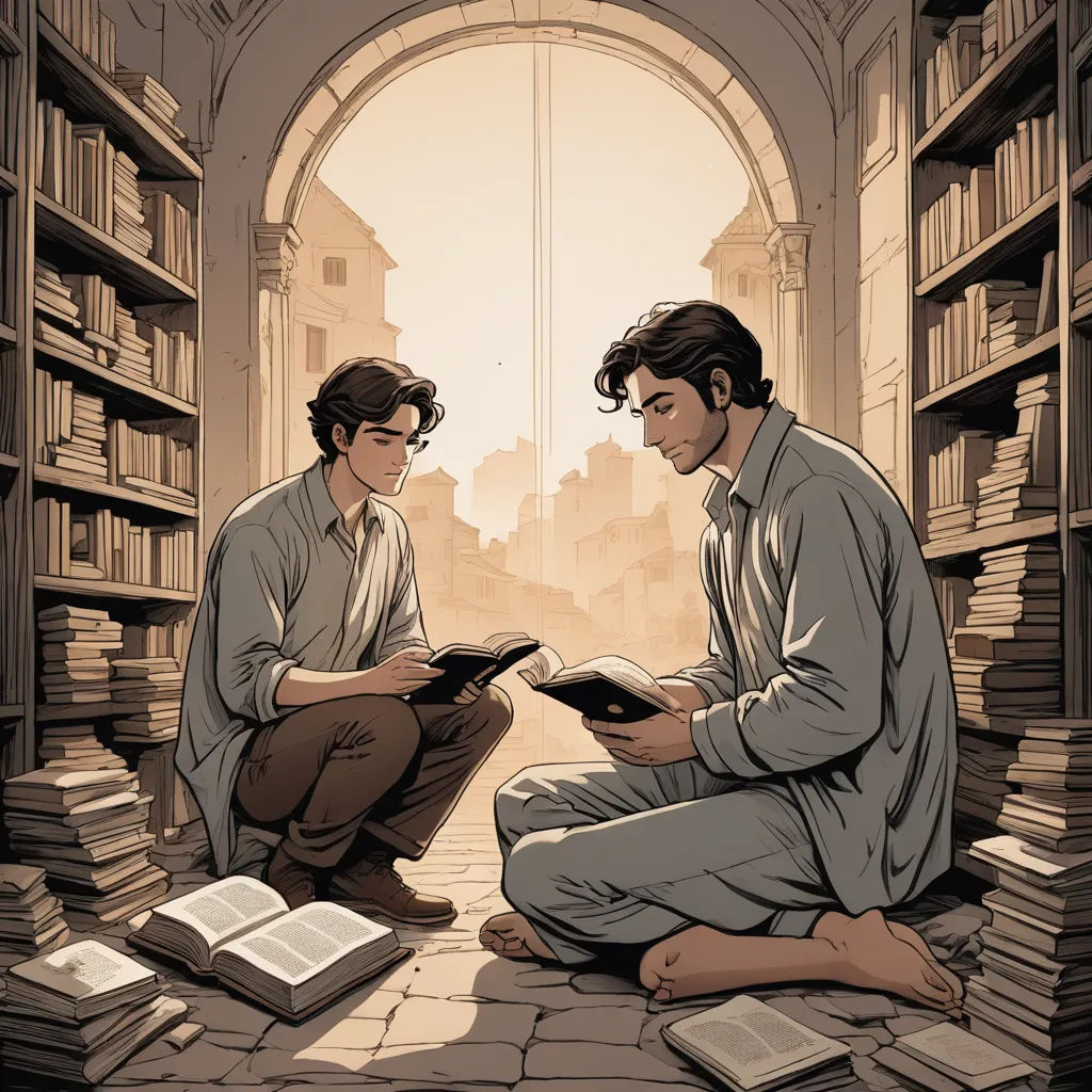 two men sitting on the floor in a library reading books and looking at each other with a book in front of them, academic art, a comic book panel, Brothers Hildebrandt, graphic novel