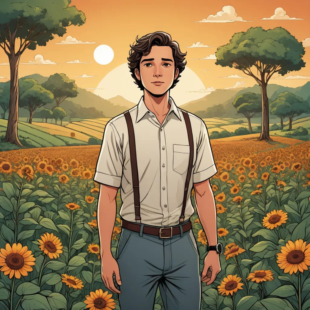 a man standing in a field of sunflowers with a sunset in the background and trees in the foreground, serial art, a character portrait, Diego Gisbert Llorens, promotional image