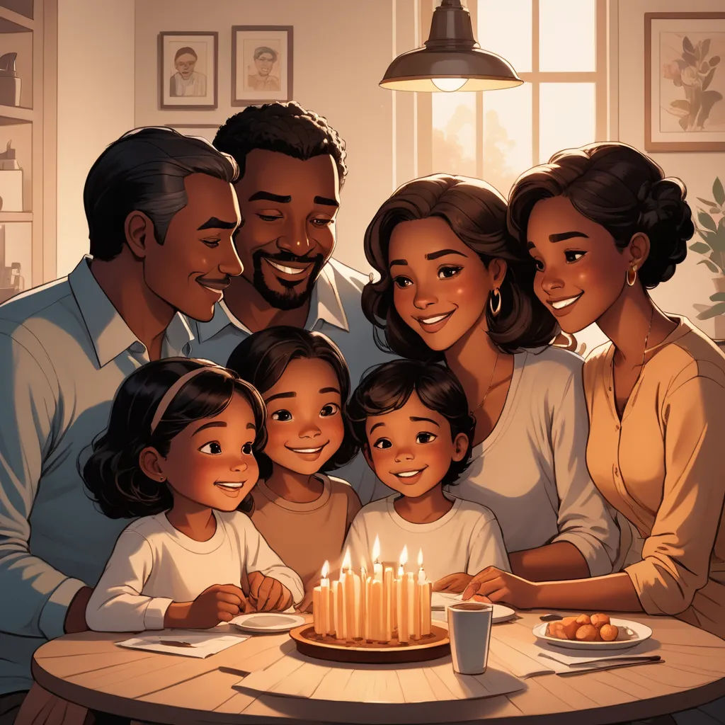 a family gathered around a birthday cake with lit candles on it, all smiling and looking at the camera, harlem renaissance, a storybook illustration, Alexis Simon Belle, official art