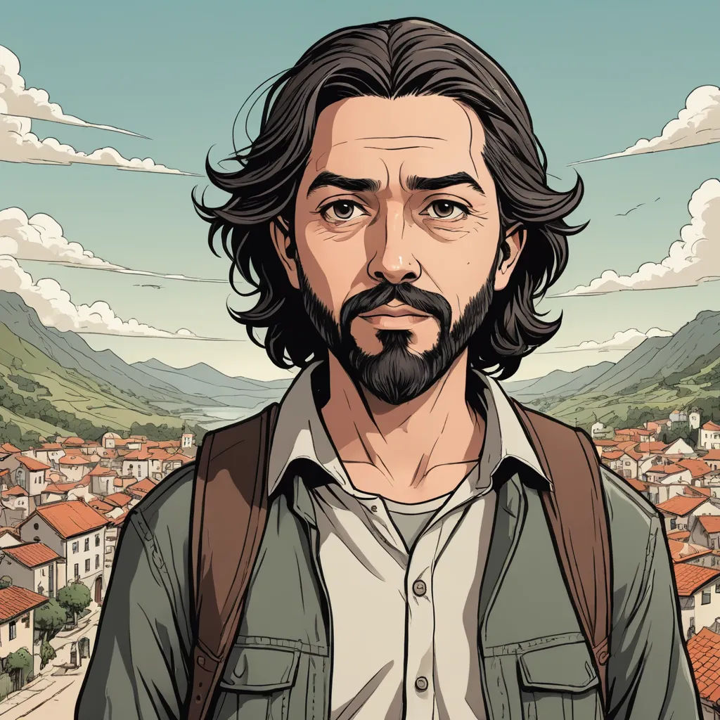 a man with a backpack standing in front of a cityscape with mountains and clouds in the background, serial art, a character portrait, david rubín, character portrait