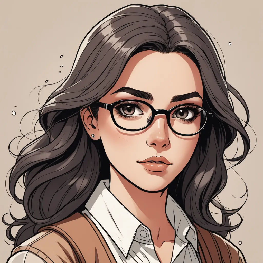 a woman with glasses and a brown vest on her shoulders, with a brown background and a white shirt, academic art, a character portrait, Artgerm, character portrait