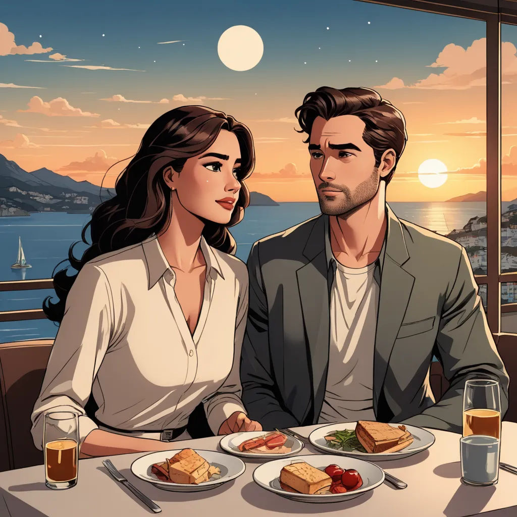 a man and a woman sitting at a table with food and drinks in front of them, looking out at the ocean, serial art, a comic book panel, Cedric Seaut (Keos Masons), official art