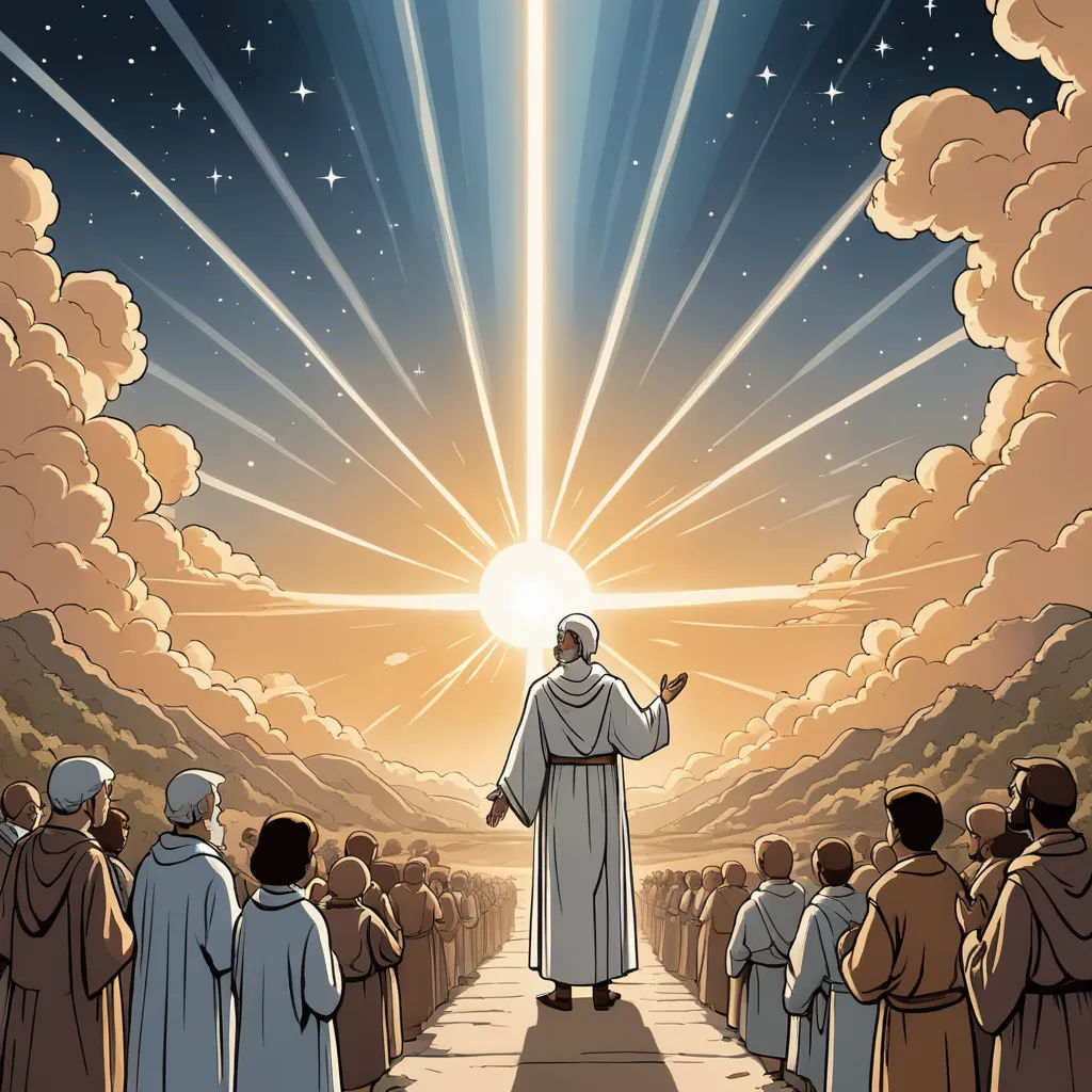 a man standing on a walkway surrounded by people in robes and clouds with a bright light coming from behind him, rayonism, a storybook illustration, Asaf Hanuka, comic cover art