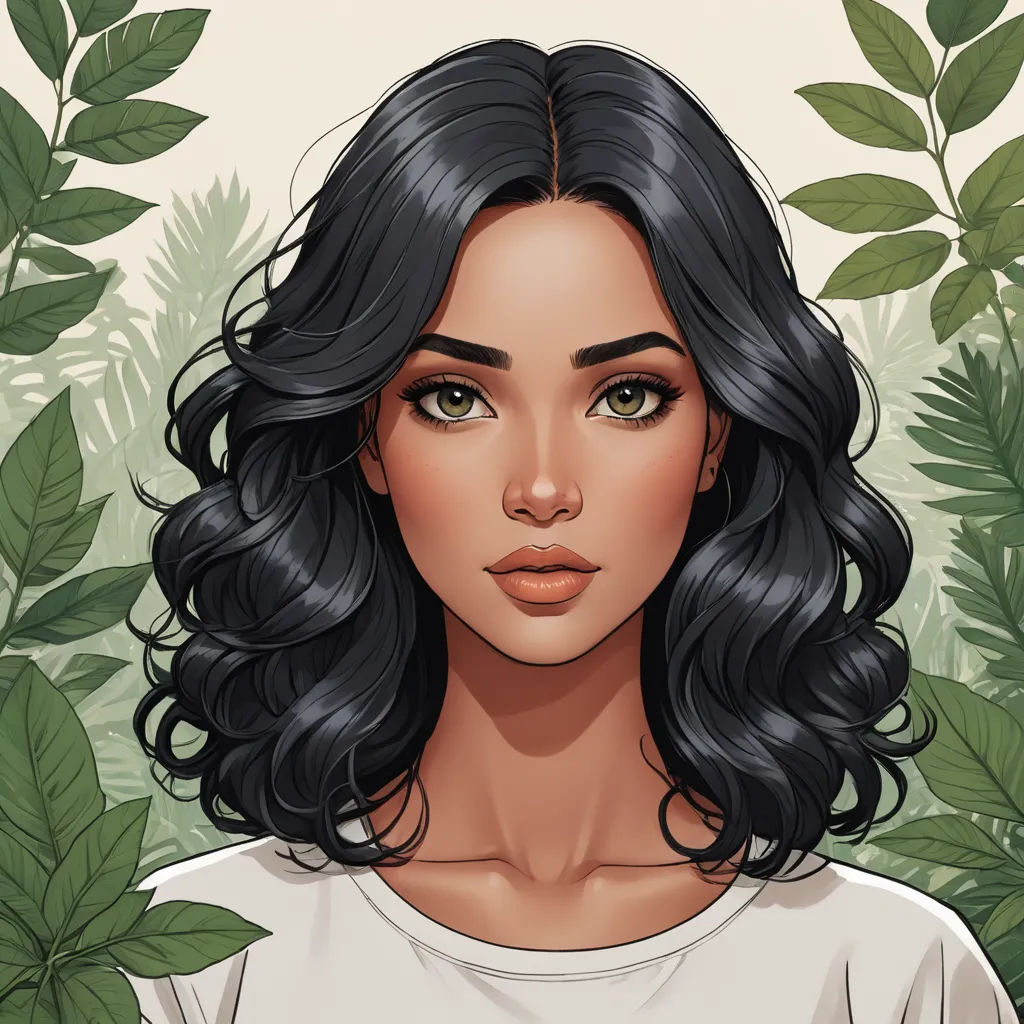 a digital painting of a woman with long black hair and green leaves behind her head, with a neutral background, fantasy art, a character portrait, Charlie Bowater, realistic shaded perfect face