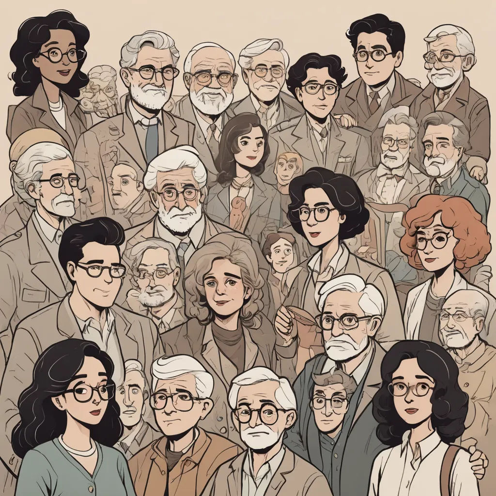 a group of people with glasses and beards are shown in a cartoon style, with a man in the middle of the group, serial art, poster art, Asaf Hanuka, ghibli