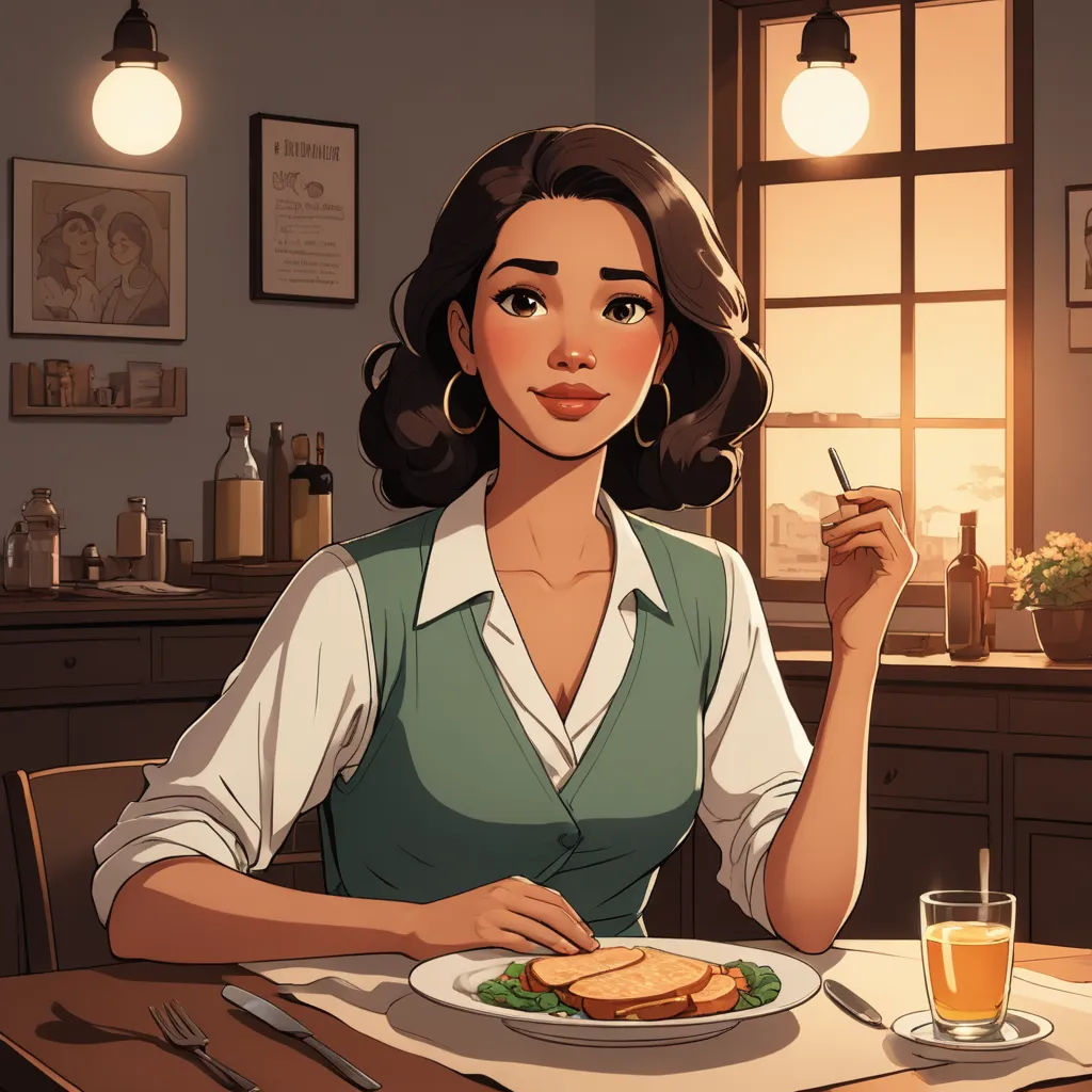 a woman sitting at a table with a plate of food in front of her and a glass of orange juice, harlem renaissance, a character portrait, Atey Ghailan, game art