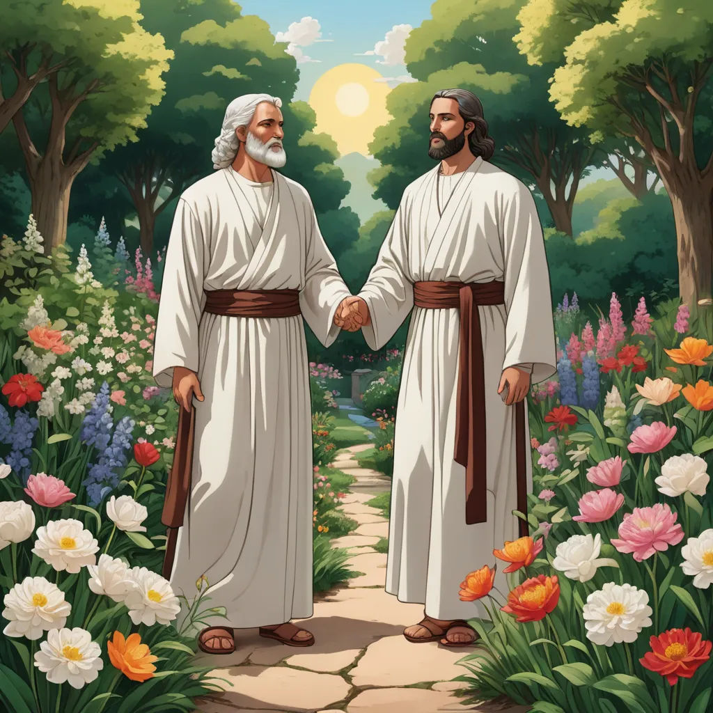 two men in white robes holding hands in a garden of flowers and trees with a path leading to them, naive art, a storybook illustration, Brothers Hildebrandt, official art