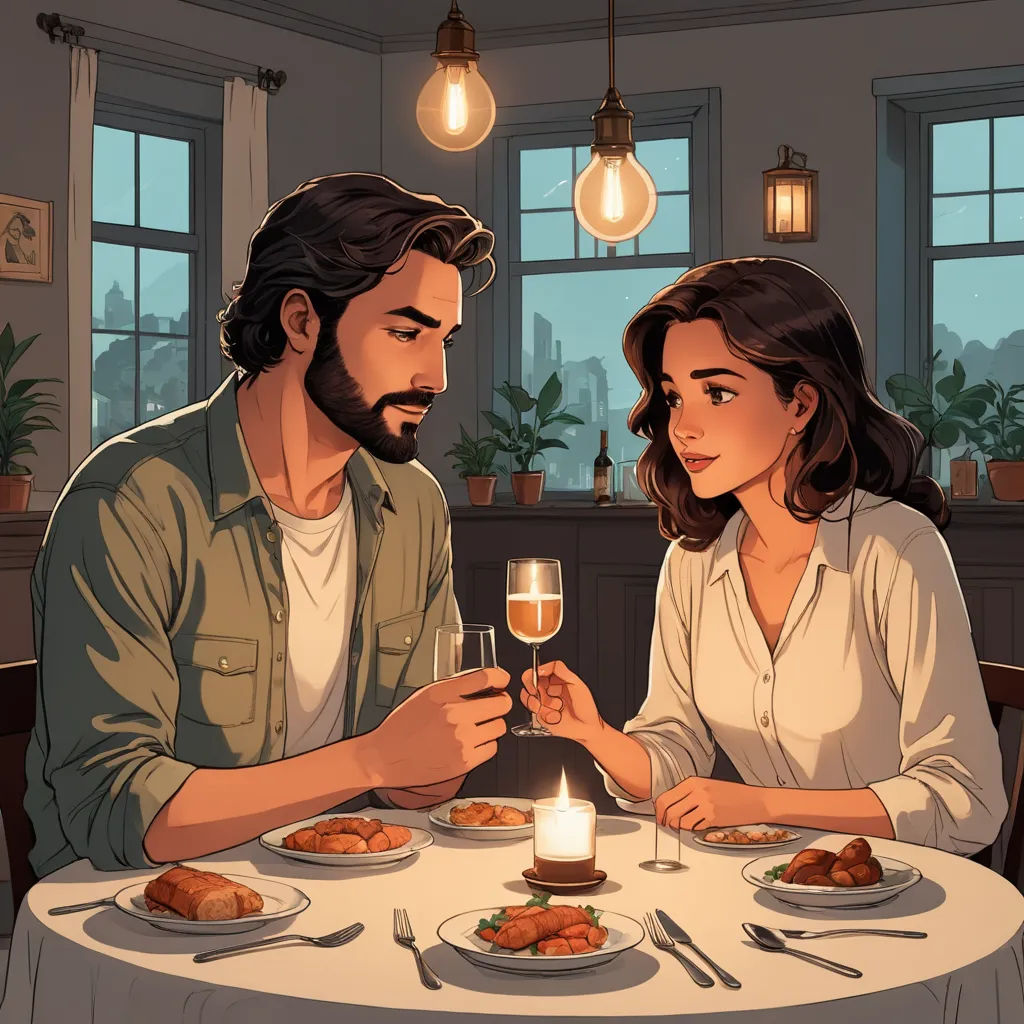 a man and woman sitting at a table with a glass of wine in front of them, looking at each other, romanticism, a storybook illustration, Atey Ghailan, game art