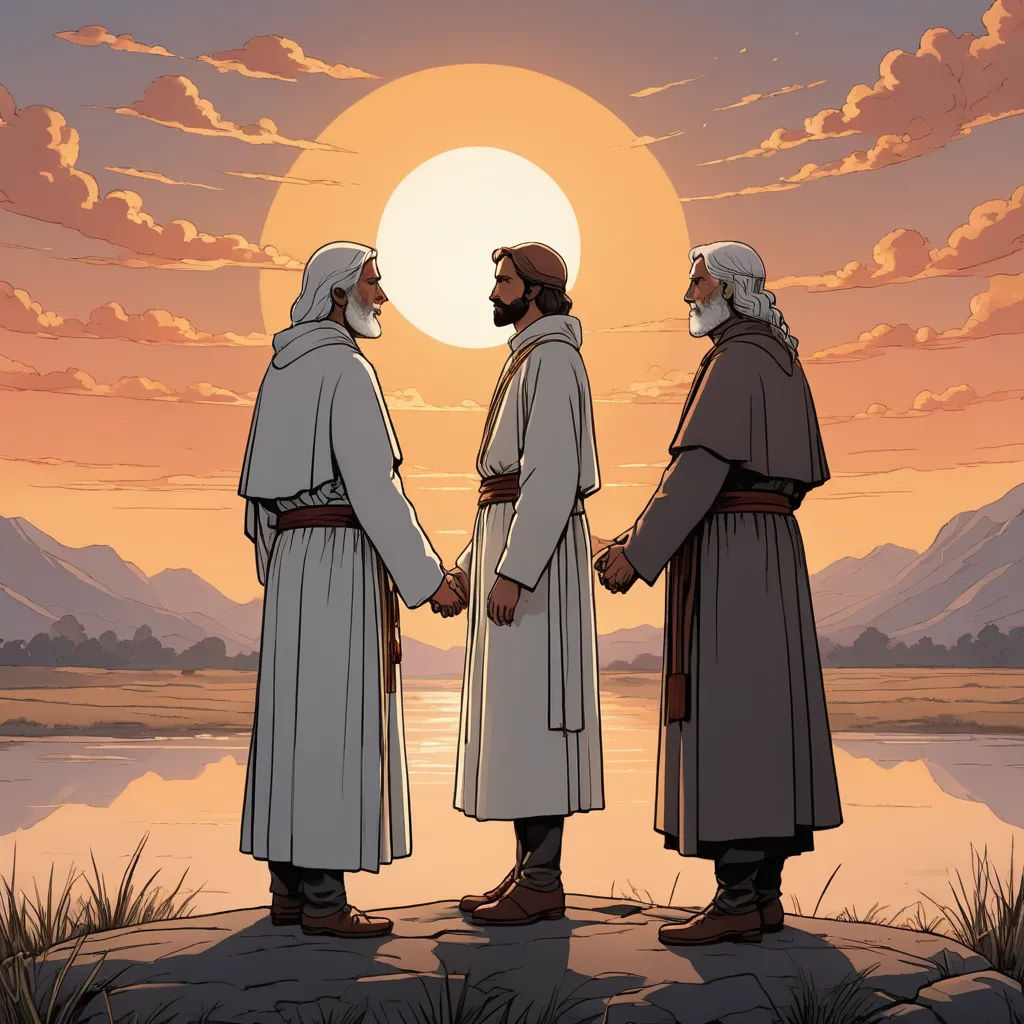 three men standing on a rock near a lake with a sunset in the background and clouds in the sky, serial art, a storybook illustration, Brothers Hildebrandt, graphic novel