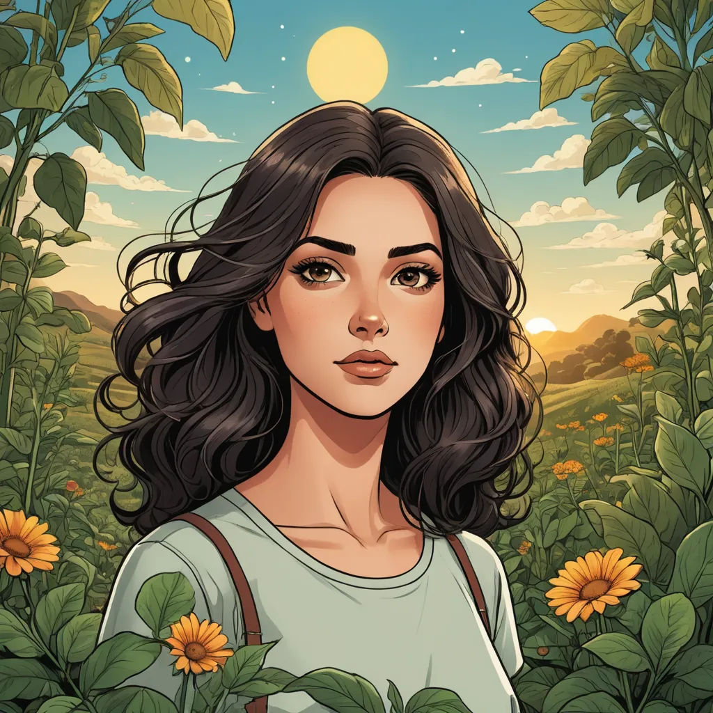 a woman standing in a field of sunflowers with a sky background and sun in the background, with a full moon above her, fantasy art, a character portrait, Audrey Kawasaki, comic cover art
