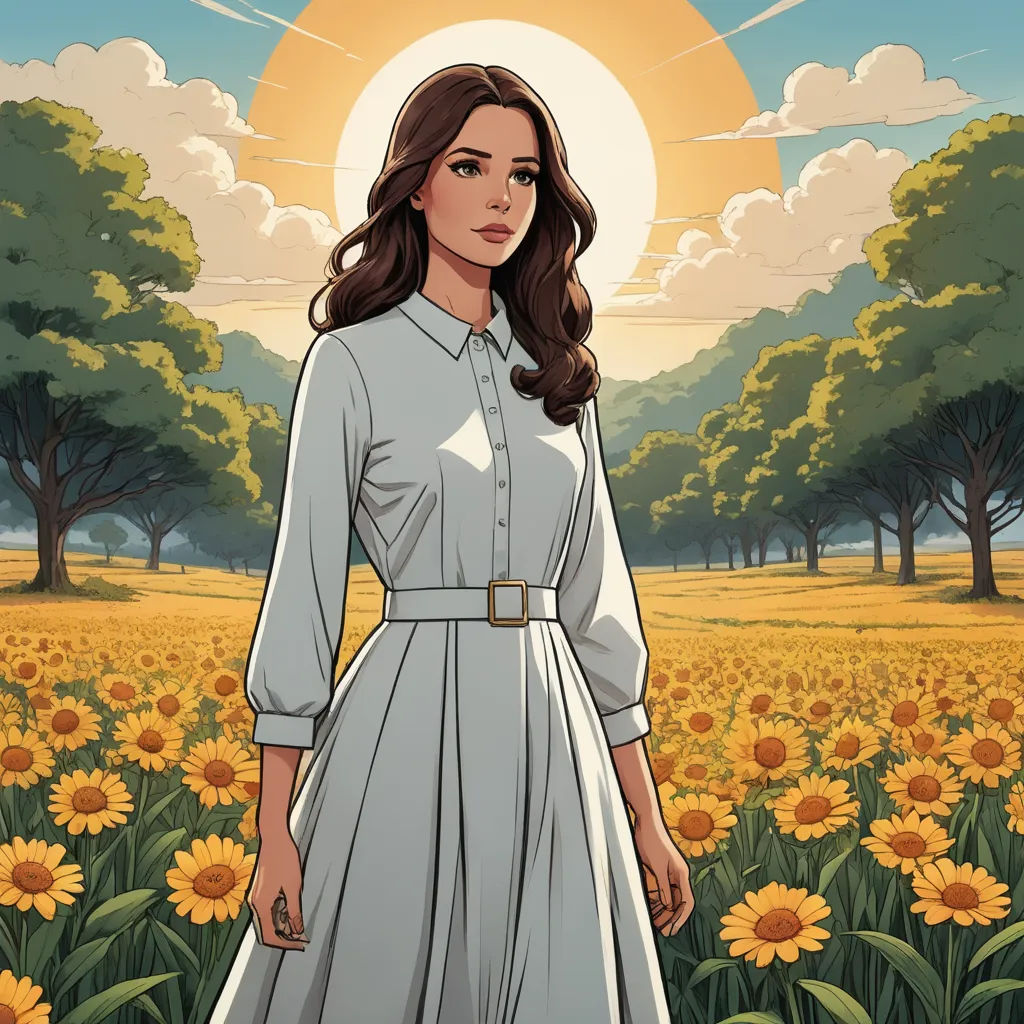 a woman in a dress standing in a field of sunflowers with a sun in the background and clouds, sots art, poster art, Elinor Proby Adams, comic cover art