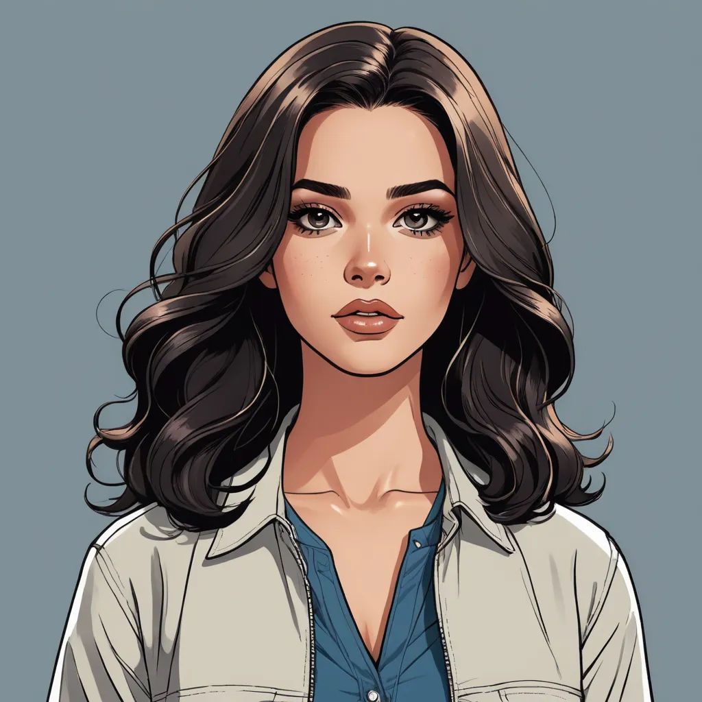 a woman with long hair and a blue shirt on a gray background with a blue background and a blue background, sots art, a character portrait, Elina Karimova, character portrait