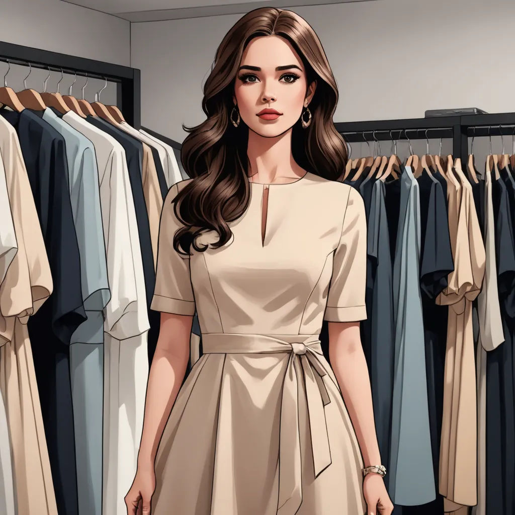 a woman in a dress standing in front of a rack of clothes and a handbag in her other hand, american barbizon school, a character portrait, Christian Hilfgott Brand, fashion
